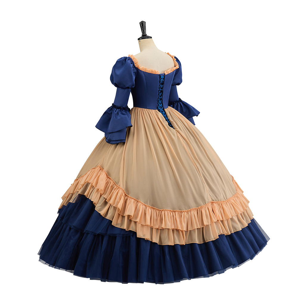 Victorian Inspired Navy Blue and Beige Gown with Puff Sleeves and Layered Skirt for Historical Reenactments Halloween  Christmas