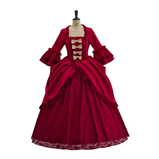 Medieval Crimson Court Gown with Ruffled Sleeves and Button Detailing for Historical Reenactments Halloween Christmas Cosplay Events