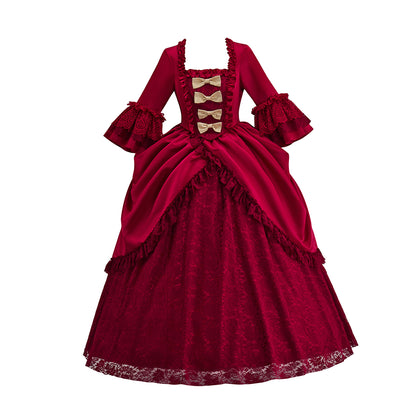 Medieval Crimson Court Gown with Ruffled Sleeves and Button Detailing for Historical Reenactments Halloween Christmas Cosplay Events