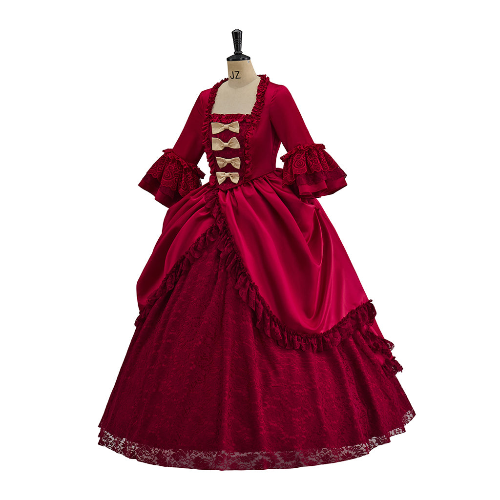 Medieval Crimson Court Gown with Ruffled Sleeves and Button Detailing for Historical Reenactments Halloween Christmas Cosplay Events