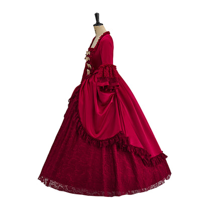 Medieval Crimson Court Gown with Ruffled Sleeves and Button Detailing for Historical Reenactments Halloween Christmas Cosplay Events