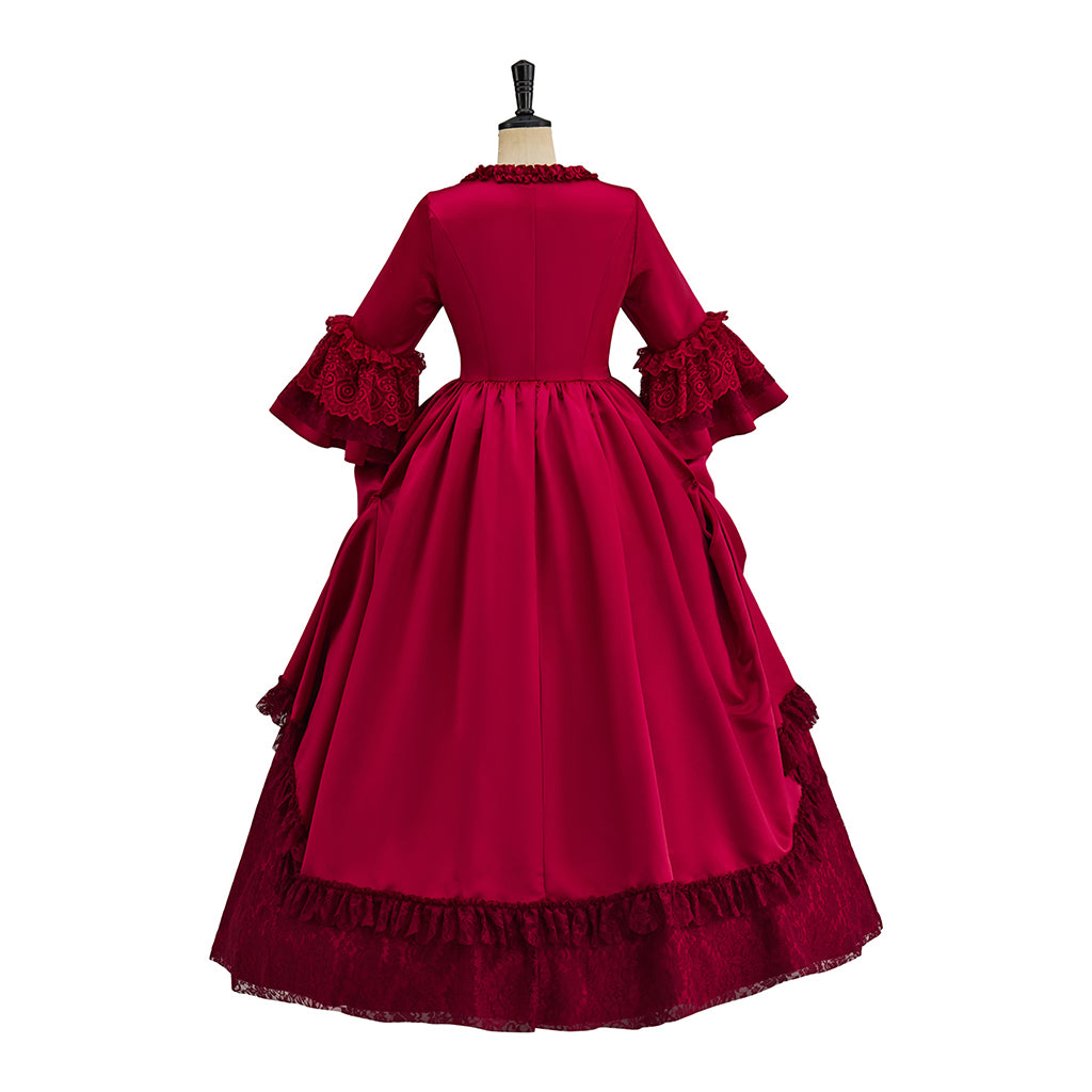 Medieval Crimson Court Gown with Ruffled Sleeves and Button Detailing for Historical Reenactments Halloween Christmas Cosplay Events