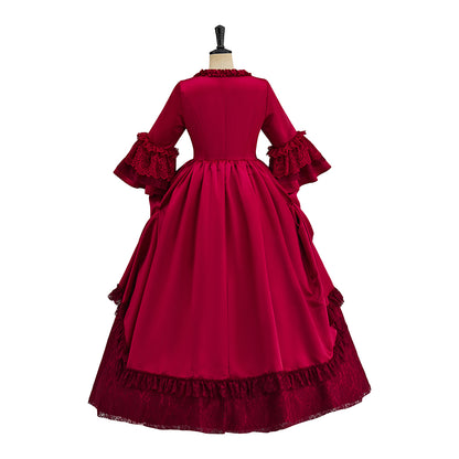 Medieval Crimson Court Gown with Ruffled Sleeves and Button Detailing for Historical Reenactments Halloween Christmas Cosplay Events