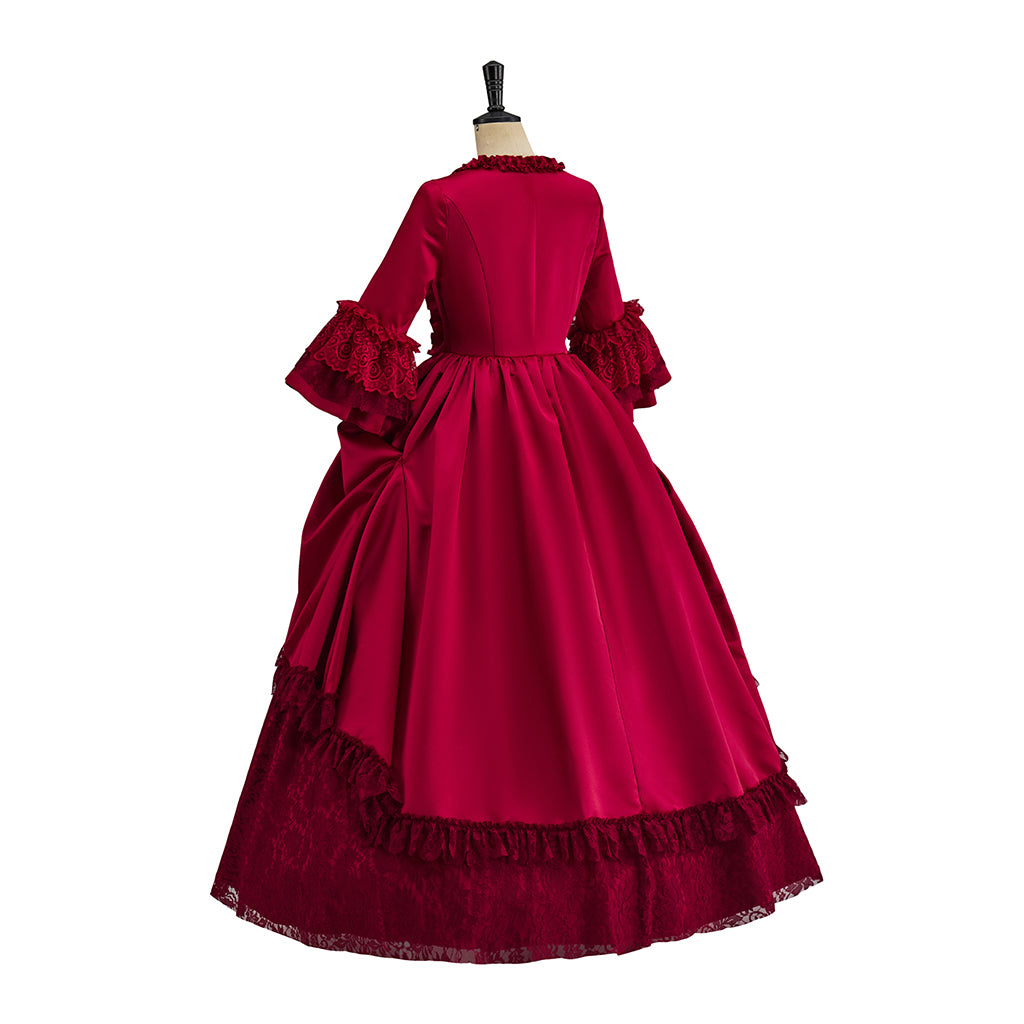Medieval Crimson Court Gown with Ruffled Sleeves and Button Detailing for Historical Reenactments Halloween Christmas Cosplay Events
