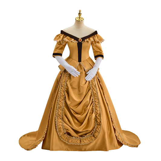 Victorian Inspired Golden Satin Gown with Black Trim and Puff Sleeves for Historical Reenactments, Victorian Themed Events Halloween  Christmas