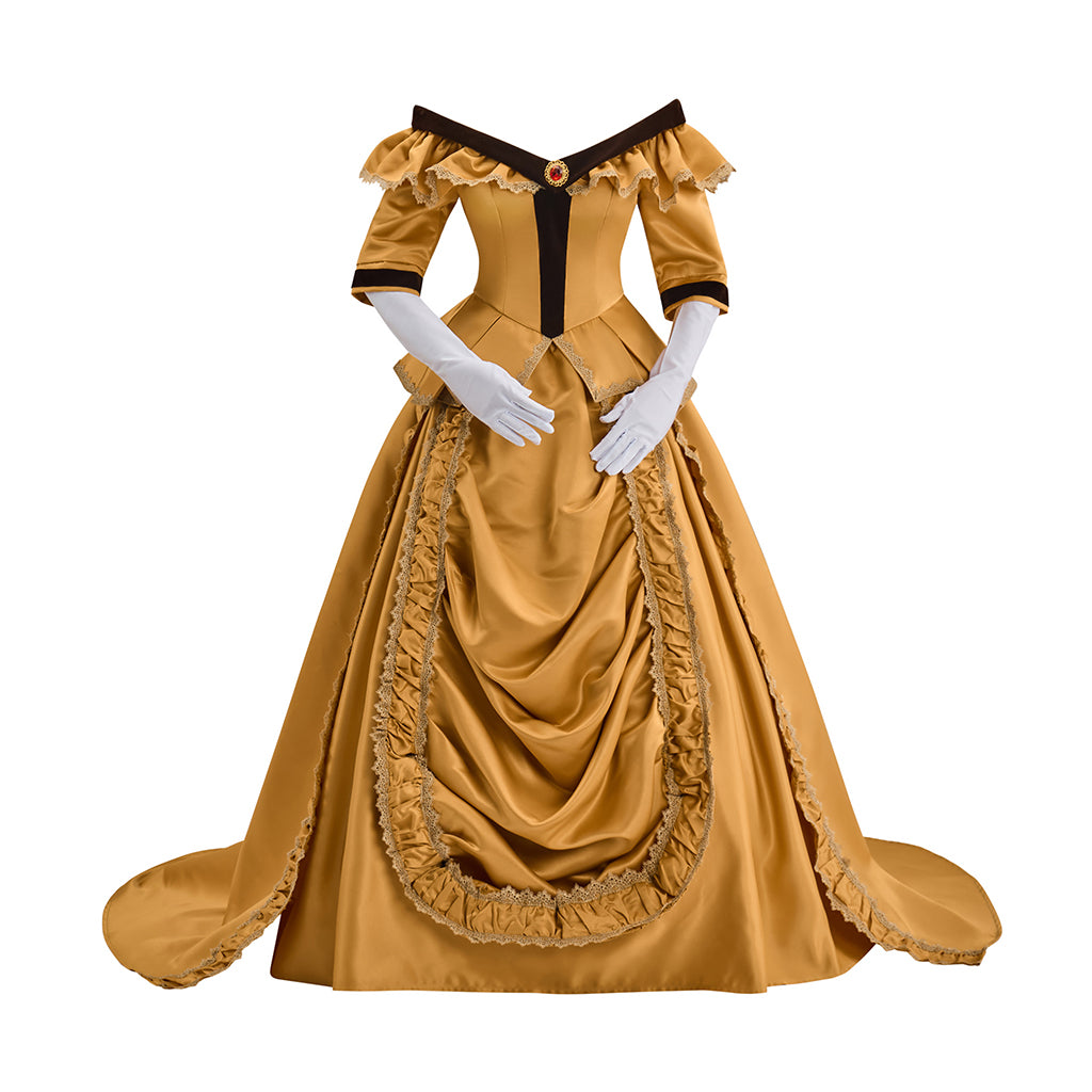 Victorian Inspired Golden Satin Gown with Black Trim and Puff Sleeves for Historical Reenactments, Victorian Themed Events Halloween  Christmas