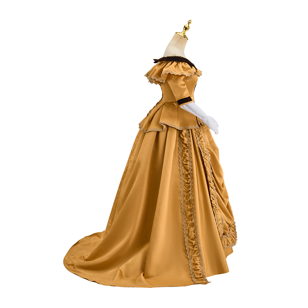Victorian Inspired Golden Satin Gown with Black Trim and Puff Sleeves for Historical Reenactments, Victorian Themed Events Halloween  Christmas