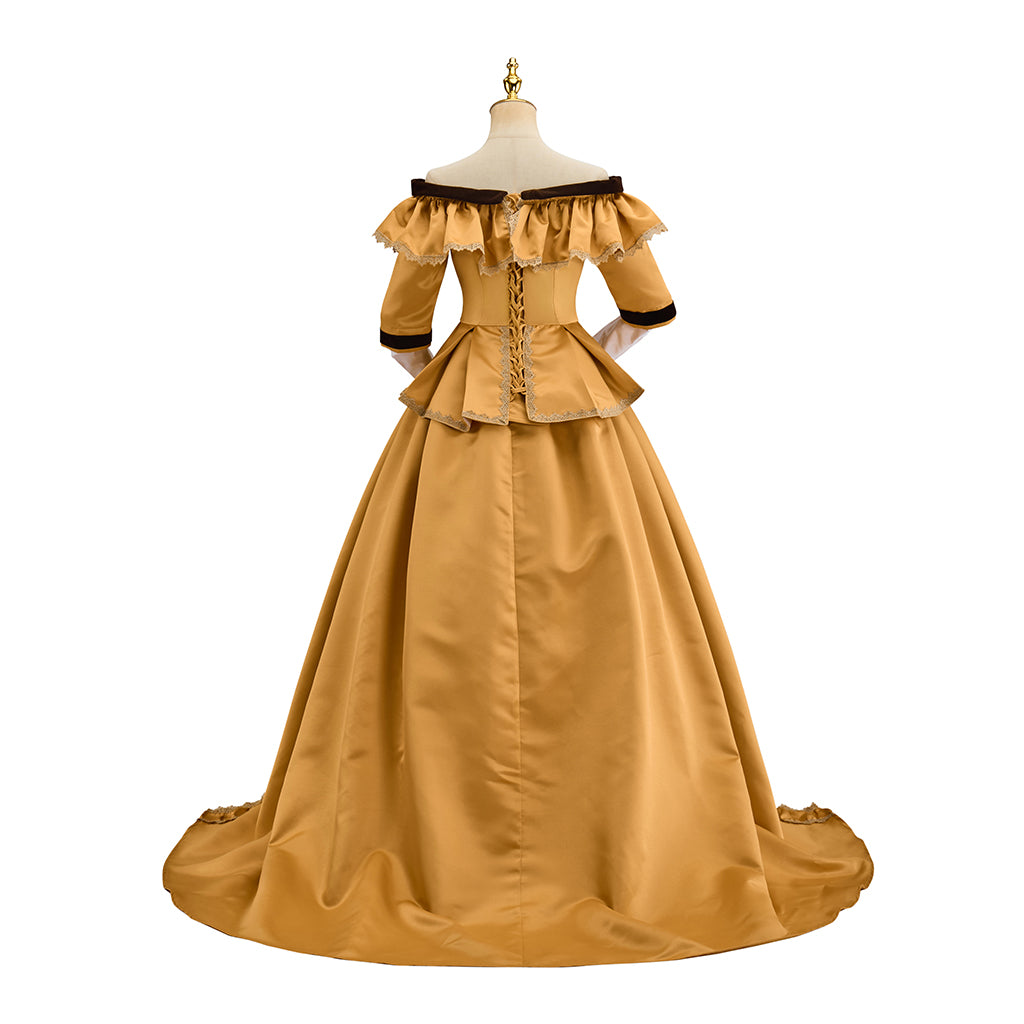 Victorian Inspired Golden Satin Gown with Black Trim and Puff Sleeves for Historical Reenactments, Victorian Themed Events Halloween  Christmas