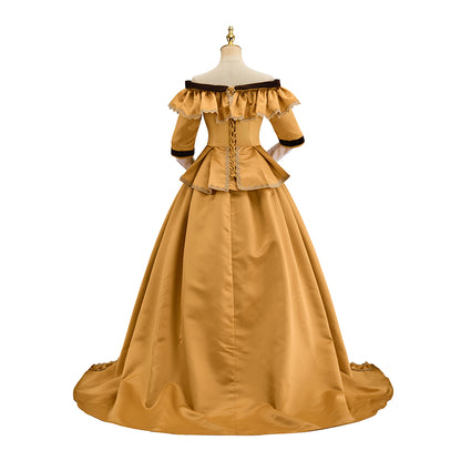 Victorian Inspired Golden Satin Gown with Black Trim and Puff Sleeves for Historical Reenactments, Victorian Themed Events Halloween  Christmas