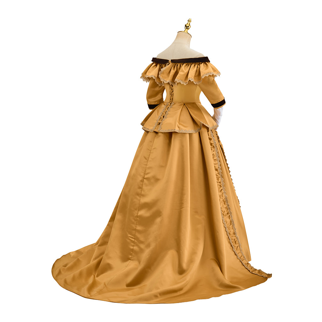 Victorian Inspired Golden Satin Gown with Black Trim and Puff Sleeves for Historical Reenactments, Victorian Themed Events Halloween  Christmas