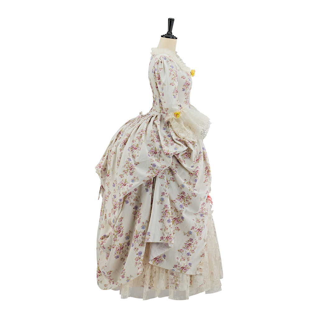 Medieval Floral Patterned Court Gown with Puffed Sleeves and Pink Accents for Historical Reenactments  Halloween Christmas Cosplay Events
