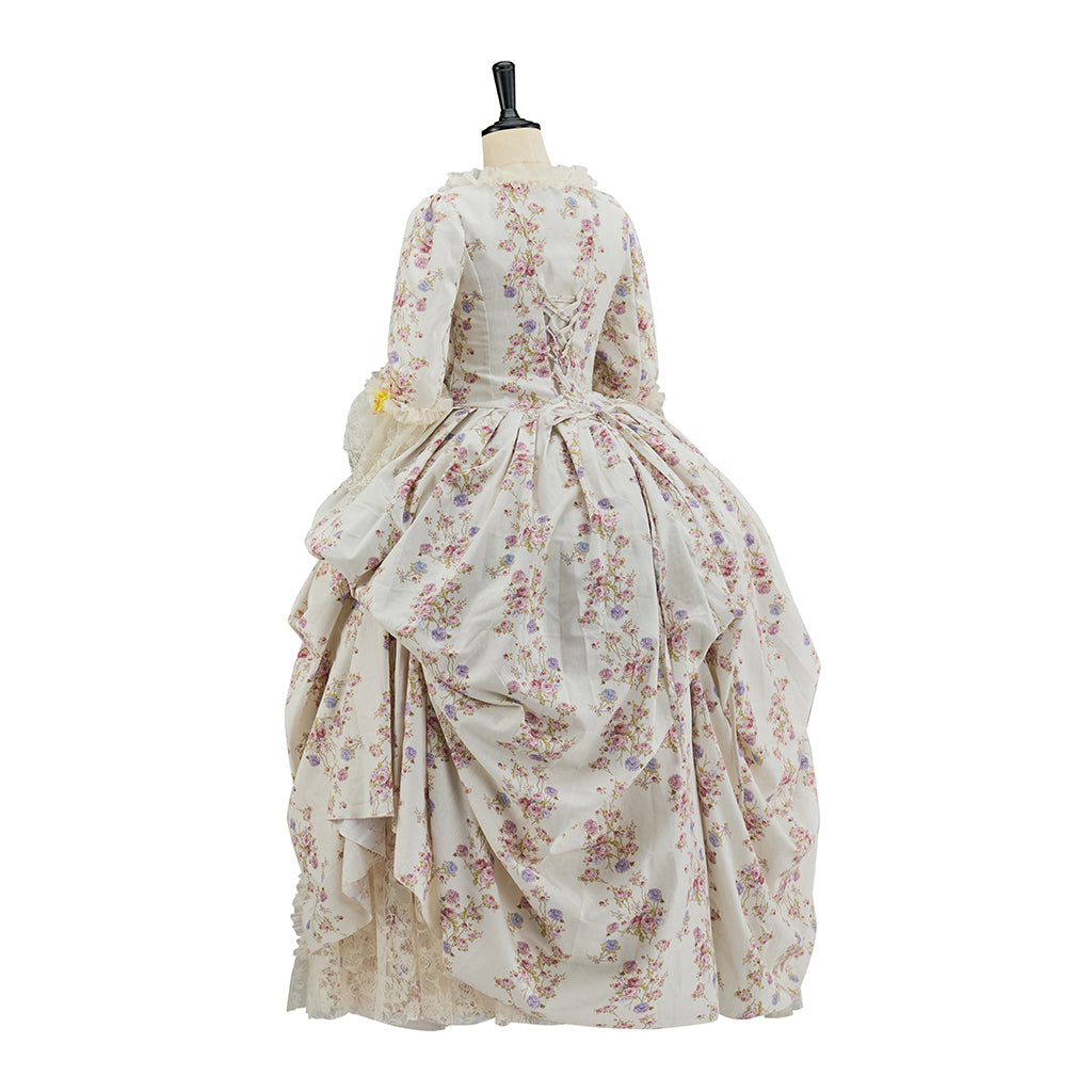 Medieval Floral Patterned Court Gown with Puffed Sleeves and Pink Accents for Historical Reenactments  Halloween Christmas Cosplay Events