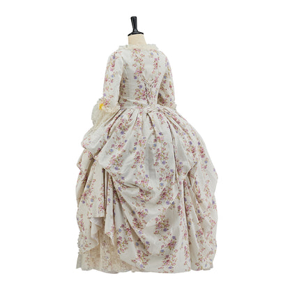 Medieval Floral Patterned Court Gown with Puffed Sleeves and Pink Accents for Historical Reenactments  Halloween Christmas Cosplay Events