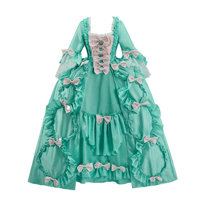 Medieval Mint Green Court Gown with Puffed Sleeves, Pink Accents and Layered Skirt for Historical Reenactments Halloween Christmas
