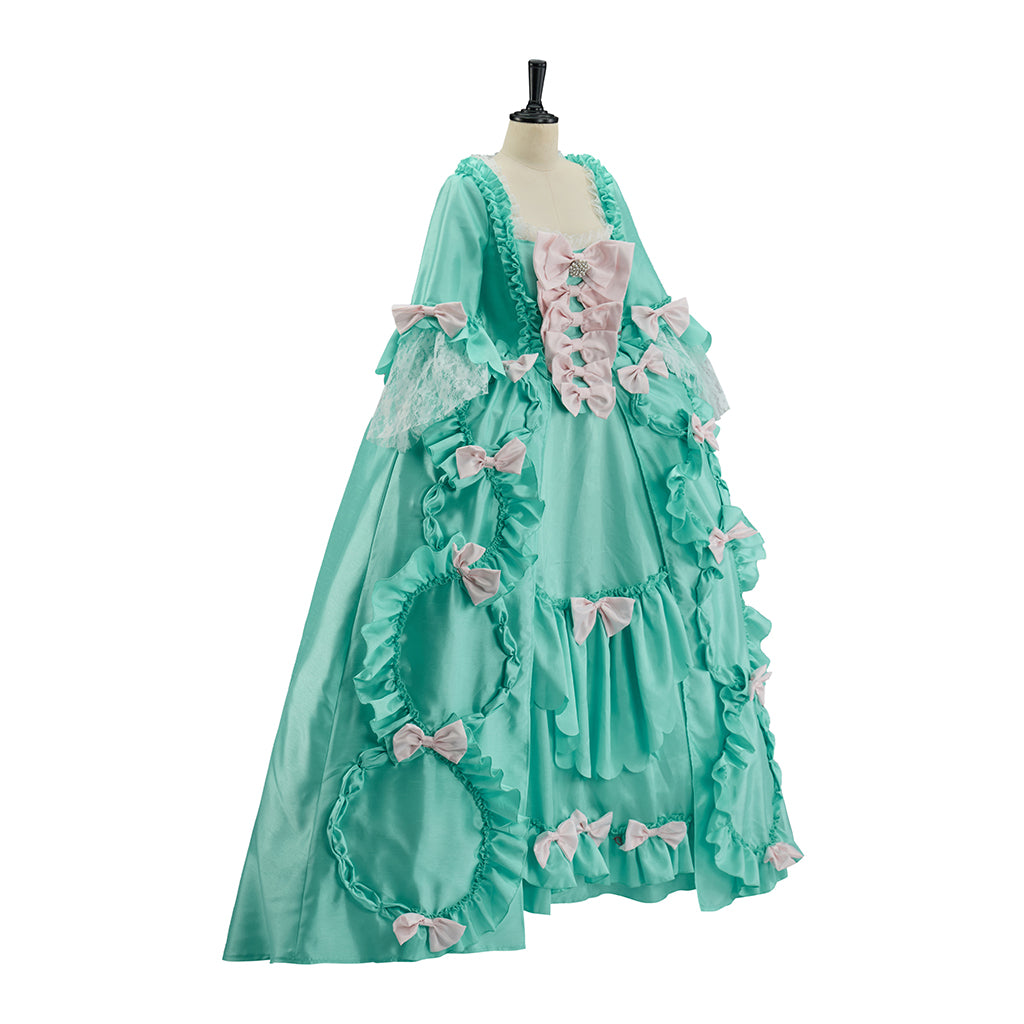 Medieval Mint Green Court Gown with Puffed Sleeves, Pink Accents and Layered Skirt for Historical Reenactments Halloween Christmas