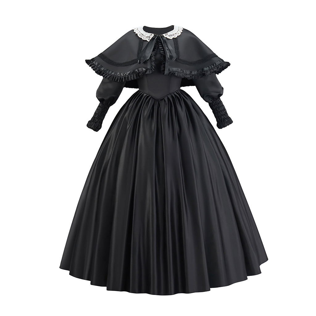Medieval Black Court Gown with Ruffled Collar and Full Skirt for Historical Reenactments Themed Gatherings Halloween Christmas Cosplay Events