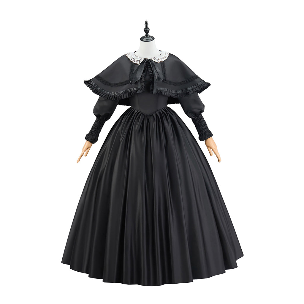 Medieval Black Court Gown with Ruffled Collar and Full Skirt for Historical Reenactments Themed Gatherings Halloween Christmas Cosplay Events