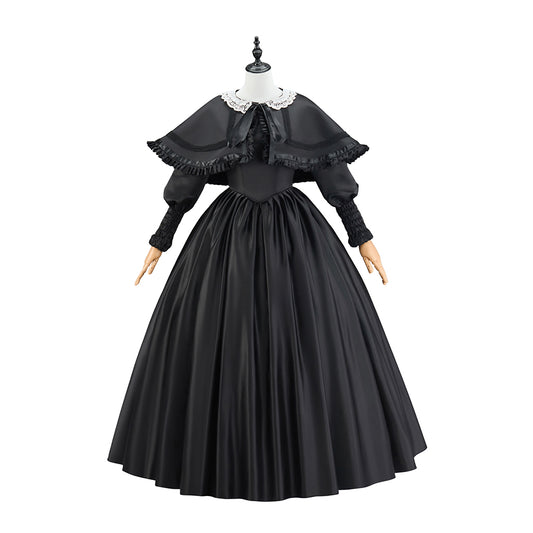 Medieval Black Court Gown with Ruffled Collar and Full Skirt for Historical Reenactments Themed Gatherings Halloween Christmas Cosplay Events