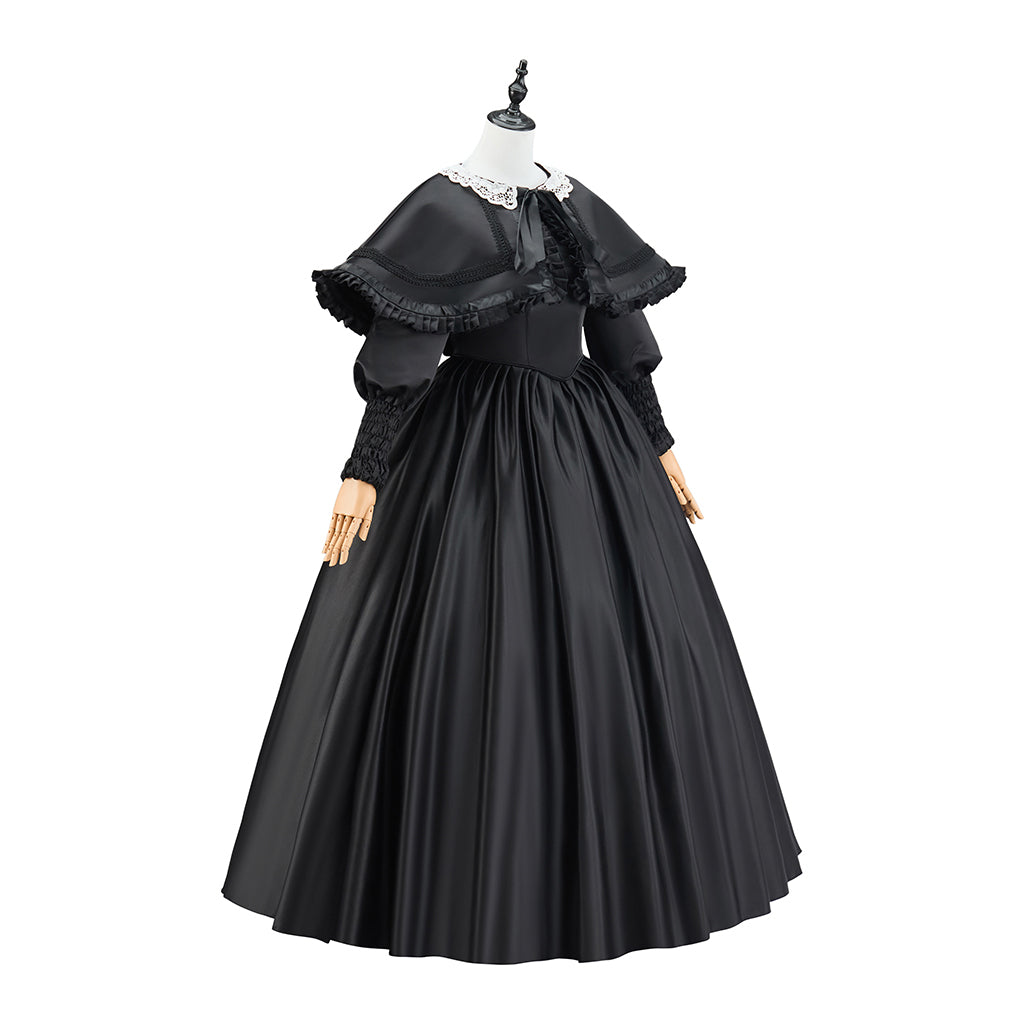 Medieval Black Court Gown with Ruffled Collar and Full Skirt for Historical Reenactments Themed Gatherings Halloween Christmas Cosplay Events