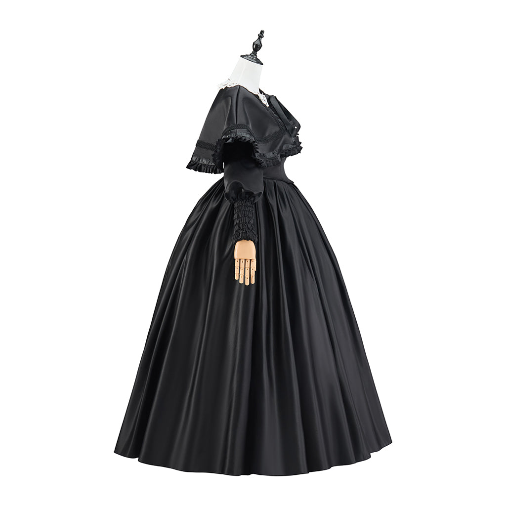 Medieval Black Court Gown with Ruffled Collar and Full Skirt for Historical Reenactments Themed Gatherings Halloween Christmas Cosplay Events