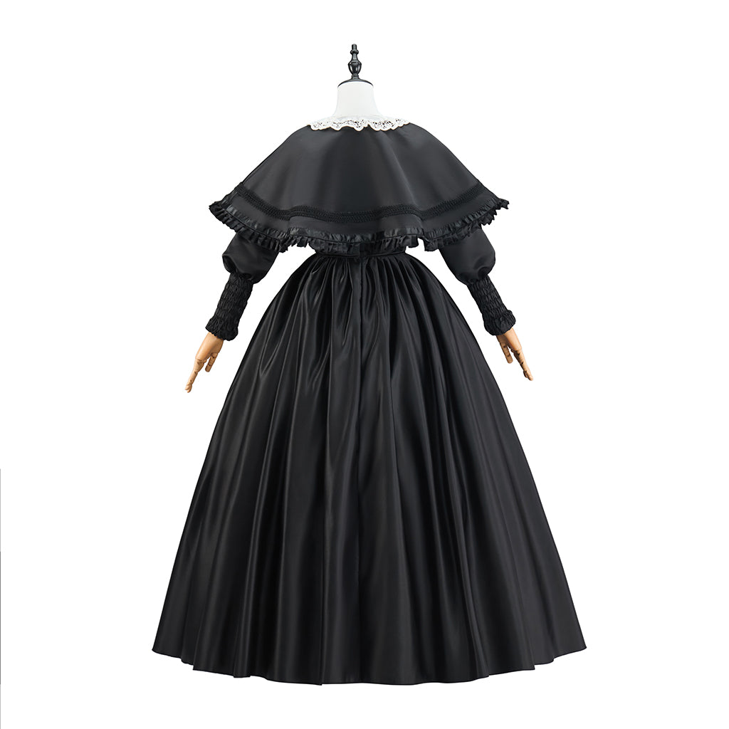 Medieval Black Court Gown with Ruffled Collar and Full Skirt for Historical Reenactments Themed Gatherings Halloween Christmas Cosplay Events