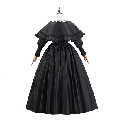 Medieval Black Court Gown with Ruffled Collar and Full Skirt for Historical Reenactments Themed Gatherings Halloween Christmas Cosplay Events