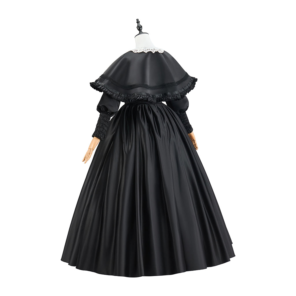 Medieval Black Court Gown with Ruffled Collar and Full Skirt for Historical Reenactments Themed Gatherings Halloween Christmas Cosplay Events