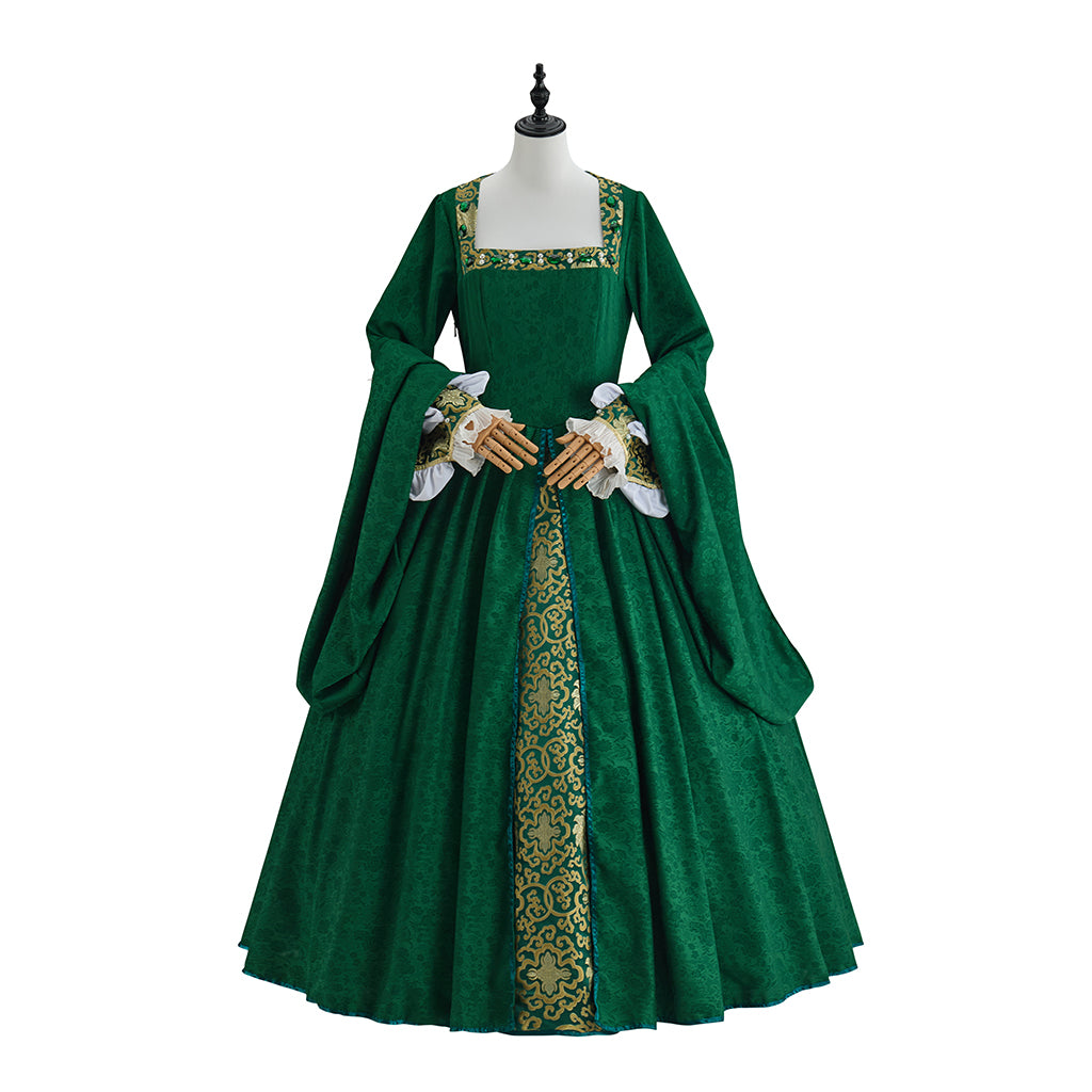 Medieval Emerald Green Court Gown with Square Neckline for Historical ReenactmentsHalloween Christmas and Cosplay Events