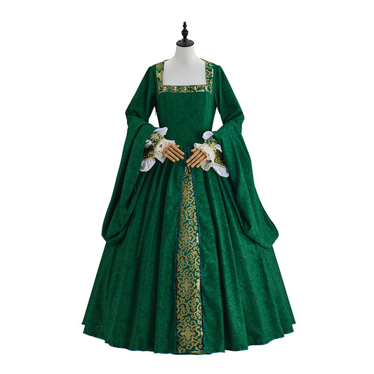 Medieval Emerald Green Court Gown with Square Neckline for Historical ReenactmentsHalloween Christmas and Cosplay Events