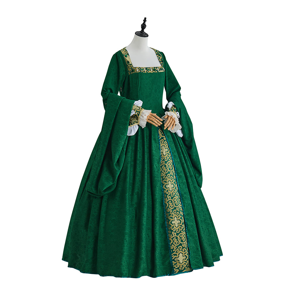 Medieval Emerald Green Court Gown with Square Neckline for Historical ReenactmentsHalloween Christmas and Cosplay Events