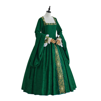 Medieval Emerald Green Court Gown with Square Neckline for Historical ReenactmentsHalloween Christmas and Cosplay Events