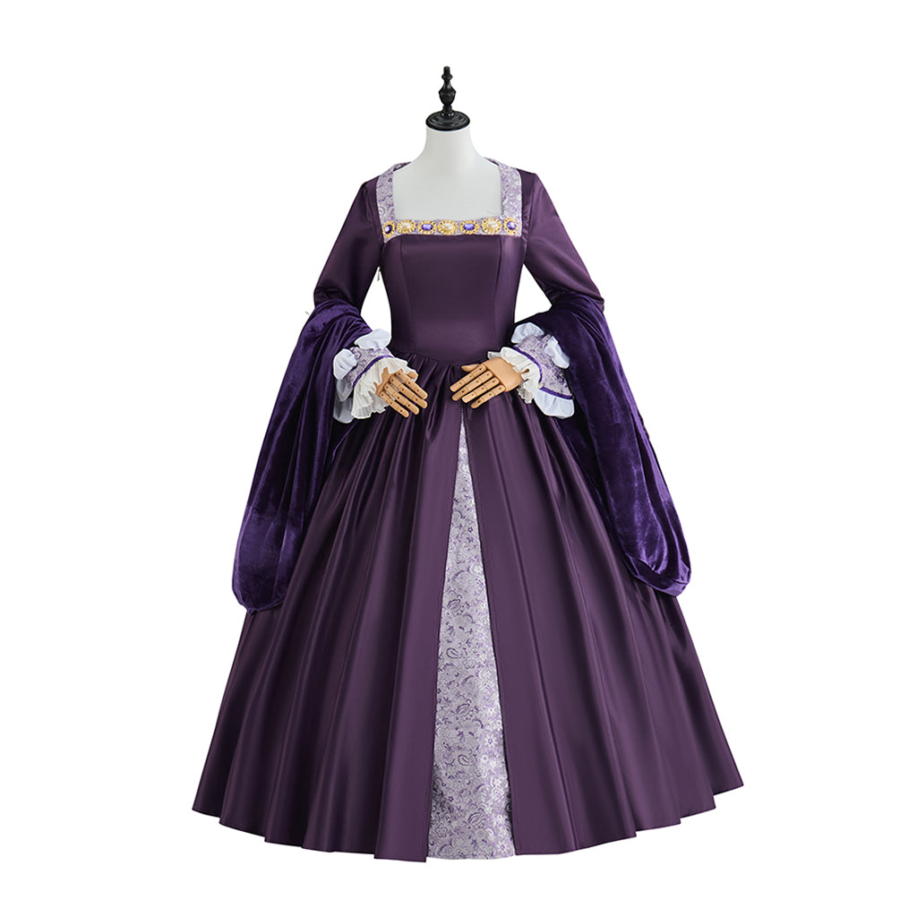 Medieval Purple Court Gown with Square Neckline, Long Sleeves and White Trims for Historical Reenactments Halloween Christmas Cosplay Events