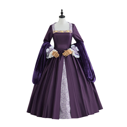 Medieval Purple Court Gown with Square Neckline, Long Sleeves and White Trims for Historical Reenactments Halloween Christmas Cosplay Events