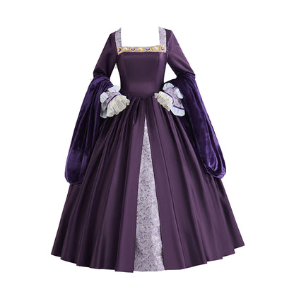 Medieval Purple Court Gown with Square Neckline, Long Sleeves and White Trims for Historical Reenactments Halloween Christmas Cosplay Events