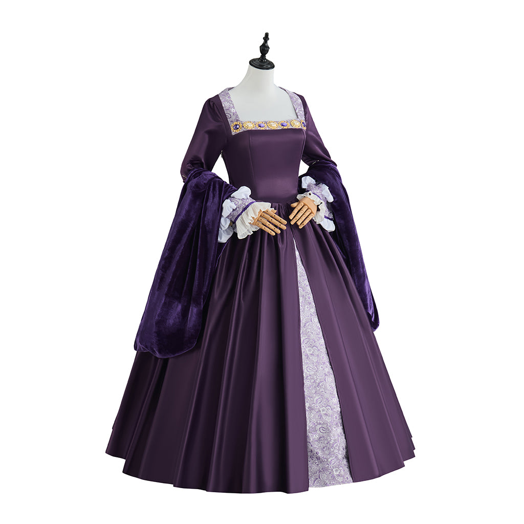 Medieval Purple Court Gown with Square Neckline, Long Sleeves and White Trims for Historical Reenactments Halloween Christmas Cosplay Events