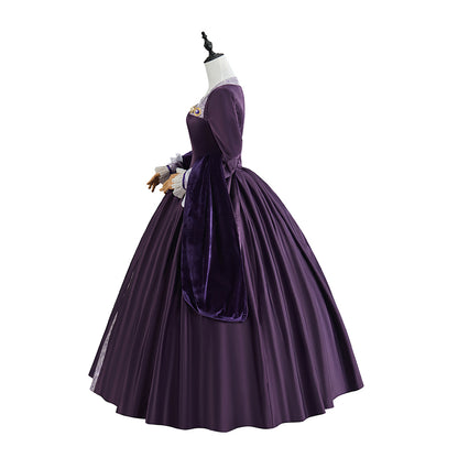 Medieval Purple Court Gown with Square Neckline, Long Sleeves and White Trims for Historical Reenactments Halloween Christmas Cosplay Events