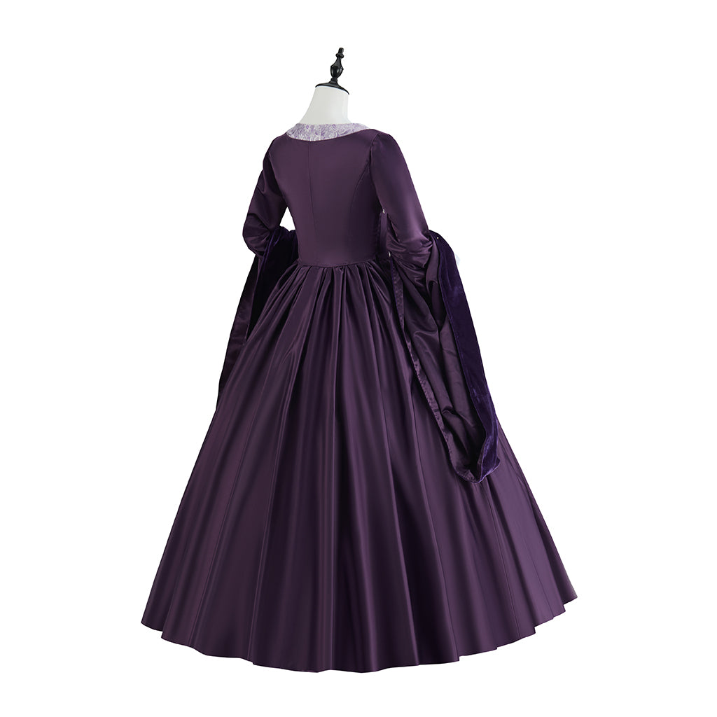 Medieval Purple Court Gown with Square Neckline, Long Sleeves and White Trims for Historical Reenactments Halloween Christmas Cosplay Events