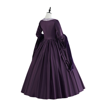Medieval Purple Court Gown with Square Neckline, Long Sleeves and White Trims for Historical Reenactments Halloween Christmas Cosplay Events