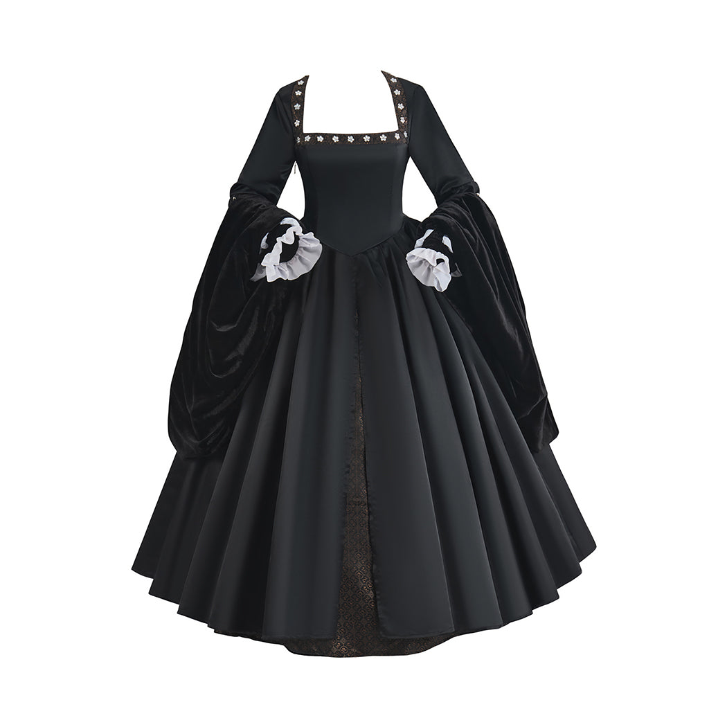 Medieval Black Court Gown with White Ruffled Collar Long Puffed Sleeves and Brown Trims for Historical Reenactments Halloween Christmas Cosplay Events