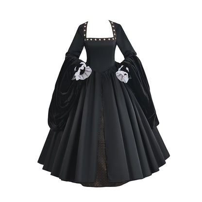 Medieval Black Court Gown with White Ruffled Collar Long Puffed Sleeves and Brown Trims for Historical Reenactments Halloween Christmas Cosplay Events
