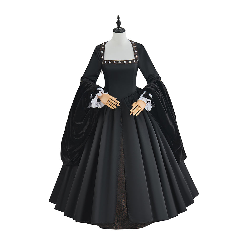 Medieval Black Court Gown with White Ruffled Collar Long Puffed Sleeves and Brown Trims for Historical Reenactments Halloween Christmas Cosplay Events