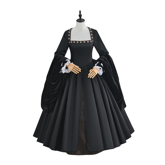 Medieval Black Court Gown with White Ruffled Collar Long Puffed Sleeves and Brown Trims for Historical Reenactments Halloween Christmas Cosplay Events