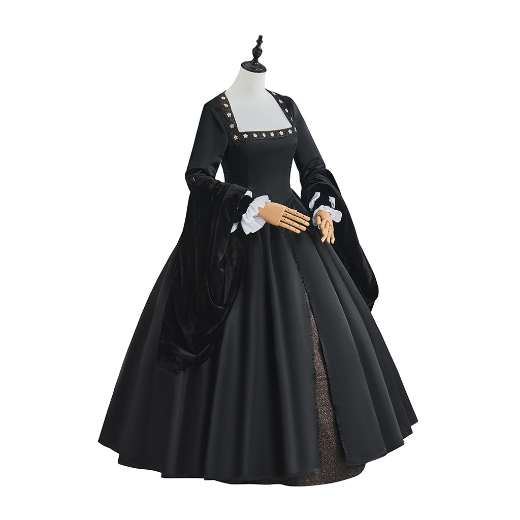 Medieval Black Court Gown with White Ruffled Collar Long Puffed Sleeves and Brown Trims for Historical Reenactments Halloween Christmas Cosplay Events
