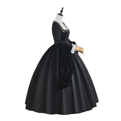 Medieval Black Court Gown with White Ruffled Collar Long Puffed Sleeves and Brown Trims for Historical Reenactments Halloween Christmas Cosplay Events