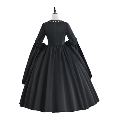 Medieval Black Court Gown with White Ruffled Collar Long Puffed Sleeves and Brown Trims for Historical Reenactments Halloween Christmas Cosplay Events