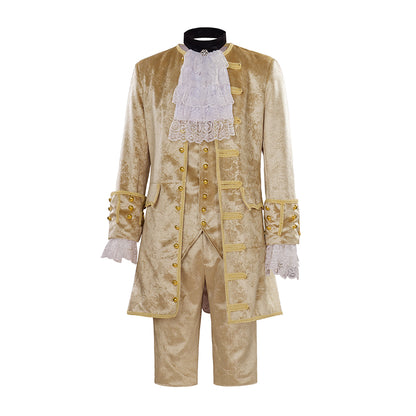 Medieval Style Gold Brocade Suit with White Lace Ruffled Collar Cuffs for Masquerade Balls Halloween Christmas