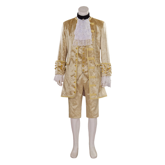 Medieval Style Gold Brocade Suit with White Lace Ruffled Collar Cuffs for Masquerade Balls Halloween Christmas