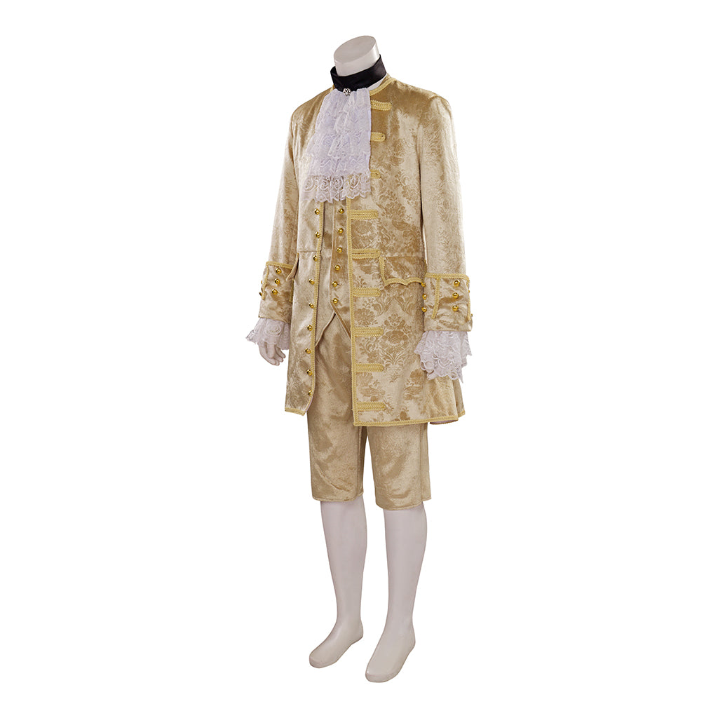 Medieval Style Gold Brocade Suit with White Lace Ruffled Collar Cuffs for Masquerade Balls Halloween Christmas