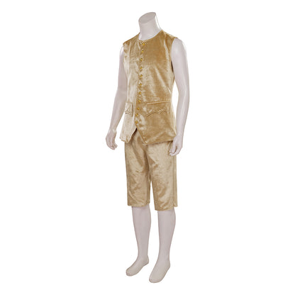 Medieval Style Gold Brocade Suit with White Lace Ruffled Collar Cuffs for Masquerade Balls Halloween Christmas