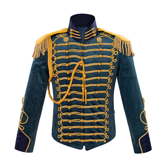 Medieval Style Teal Military Jacket with Gold Braiding Fringed Epaulettes High Collar for Historical Reenactments Halloween or Christmas